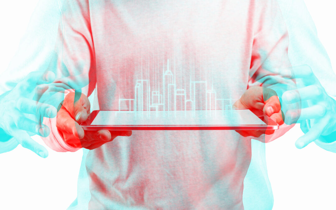 Architect using transparent tablet smart construction technology