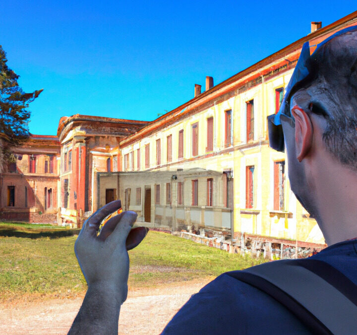 photo montrant une personne visitant un vieux bâtiment avec un casque de réalité augmentée